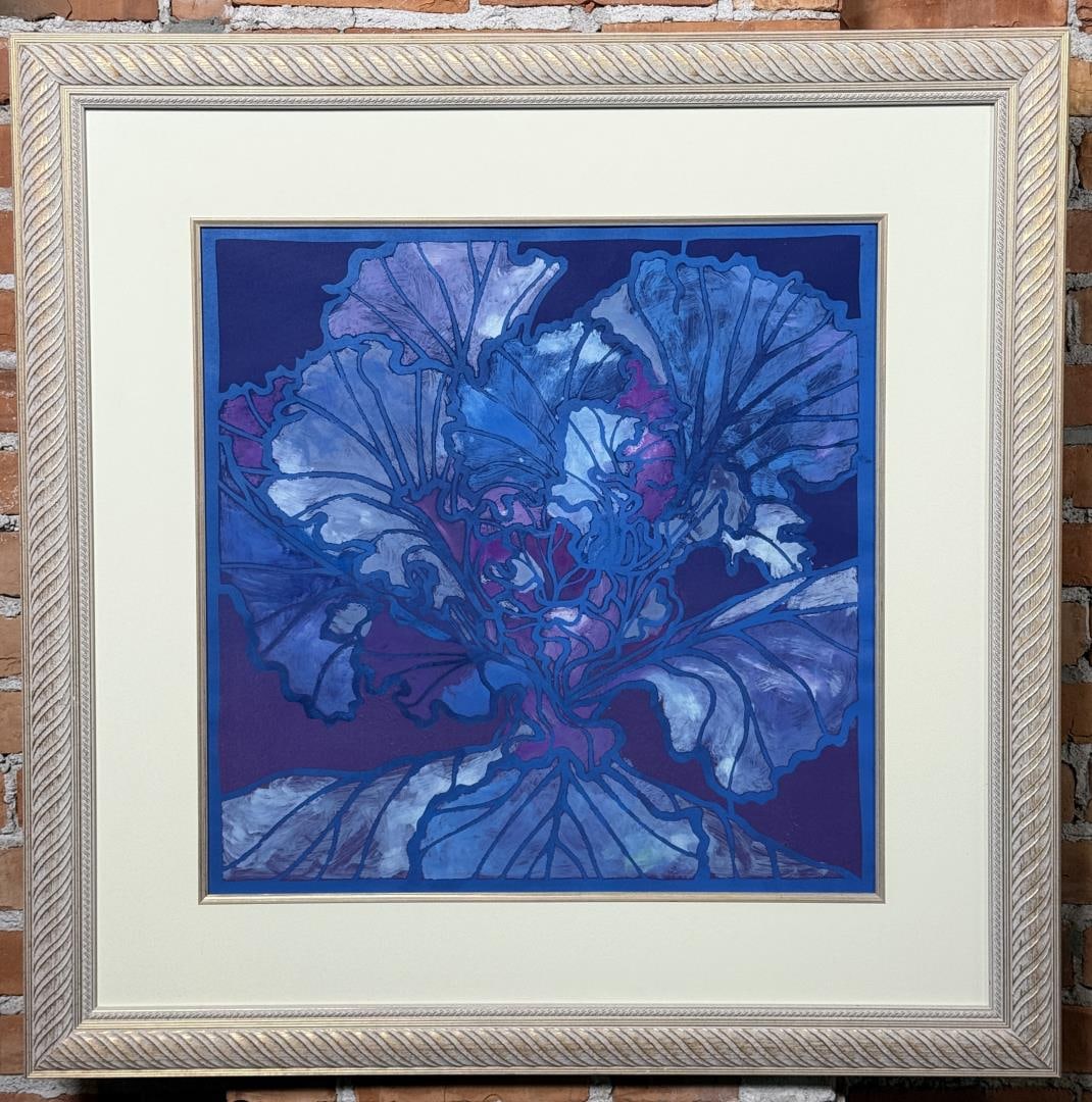 Harold Balazs Red Cabbage Watercolor Painting: Title is Red Cabbage. 23" by 23" unframed. 36" by 36" framed. Watercolor on Paper. From the Private Collection of James H and Pauline Harken. Inventory #903 Harold Balazs (1928 - 2017) was active/live