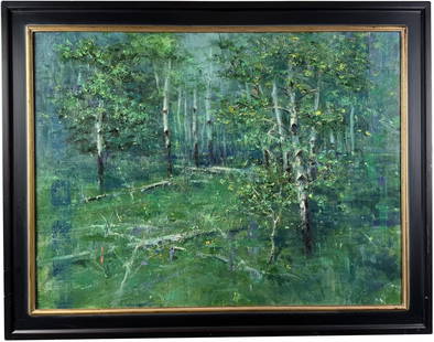 Mike Wise Aspen Grove Oil Painting: Title is The Aspen Grove. 30" by 40" unframed. 36" by 46" framed. Oil on Canvas. From the Private Collection of James H and Pauline Harken. Inventory # Mike Wise (Born 1973) is active/lives in Washing
