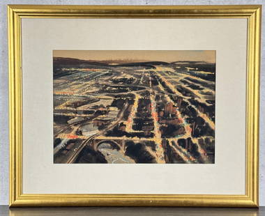 Bill James Spokane Washington Watercolor Painting: Title is Spokane. 14" by 20" unframed. 25" by 31" framed. Watercolor on Paper. From the Private Collection of James H and Pauline Harken. Inventory #281