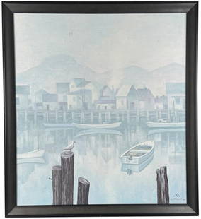 Emil Bisttram Navajo Lake Marina Painting: Title is Lifting Fog Navajo Lake Marina New Mexico. 32" by 36" unframed. 36" by 39" framed. Oil on Board. From the Private Collection of James H and Pauline Harken. Inventory #925 Condition: A few min