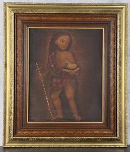 Spanish Colonial Cuzco School St John Painting: Title is Saint John the Baptist. 16" by 20" unframed. 26" by 30" framed. From the Private Collection of James H and Pauline Harken. Inventory #876 Condition: Canvas has been relined at some point, wor