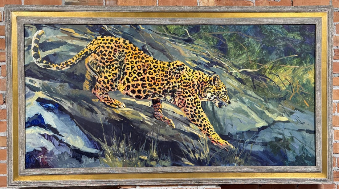 Terry Lee Leopard Study Painting: Title is Leopard Study. 30" by 60" unframed. 37" by 67" framed. Oil on Board. From the Private Collection of James H and Pauline Harken. Inventory #932 Terry Lee (Born 1948) is active/lives in Idaho,