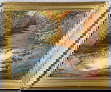 Linda Tippetts Dearborn and Devils Glen Painting: Title is The Dearborn and Devil's Glen Montana. 24" by 30" unframed. 29" by 35" framed. Oil on Canvas. From the Private Collection of James H and Pauline Harken. Inventory #817 Linda Tippetts (Born 19