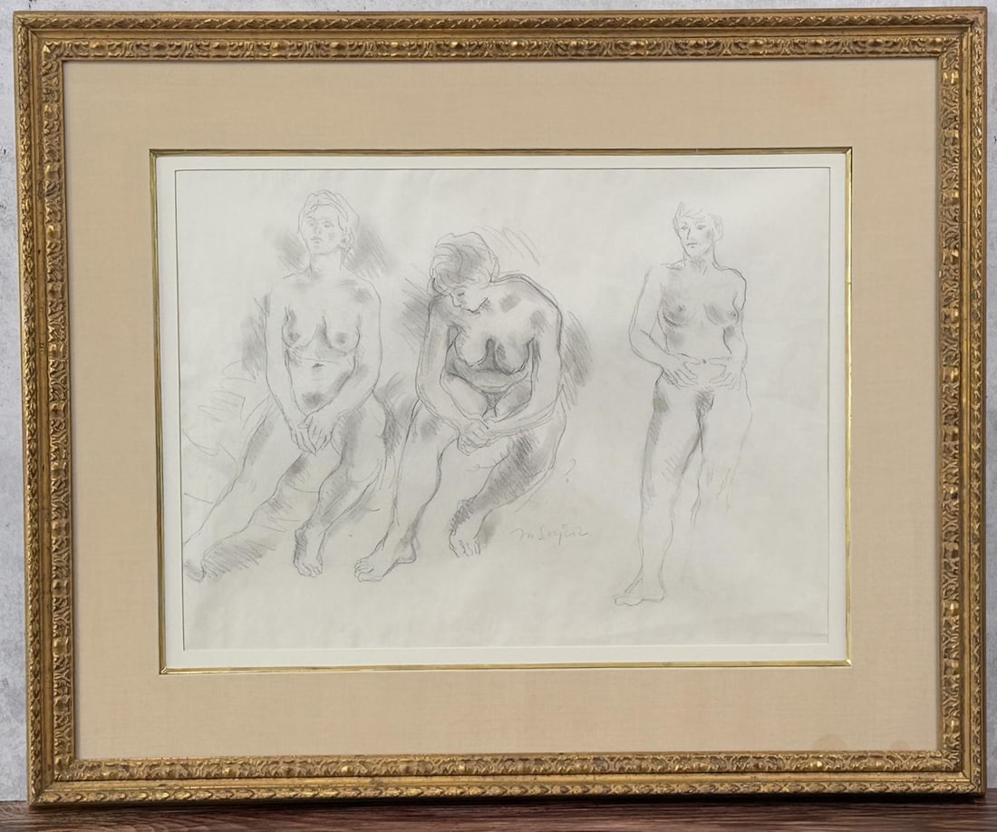Moses Soyer Nude Pencil Drawing: Title is Three Nudes. 18" by 24" unframed. 28 1/2" by 34 1/2" framed. Pencil on Paper. From the Private Collection of James H and Pauline Harken. Inventory #771 Moses Soyer (1899 - 1974) was active/li