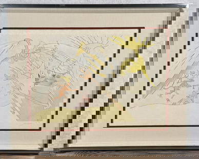 Salvador Dali Fables of Fontaine Lithograph: 26 1/2" by 32 1/2" framed. Title is Fables of Fontaine. Signed and Numbered. Edition of 250. From the Private Collection of James H and Pauline Harken. Inventory #134