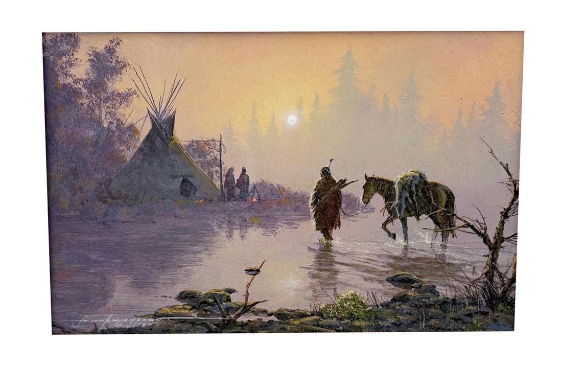 Frank Magsino The Provider Oil Painting: Title is The Provider. 4" by 6" unframed. 12" by 14" framed. Oil on Board Frank Magsino (1937 - 2020) was active/lived in California. Frank Magsino is known for Miniature artwork, western-Indian genre
