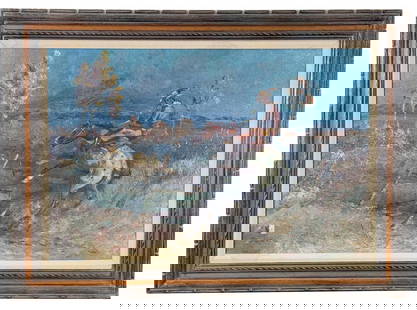 Ace Powell Spooked Oil Painting: Title is Spooked. 24" by 36" unframed, 32" by 44" framed. Oil on Canvas. Ace (Asa Lynn) Powell (1912 - 1978) was active/lived in Montana, New Mexico. Ace Powell is known for Cowboy genre and Indian fi