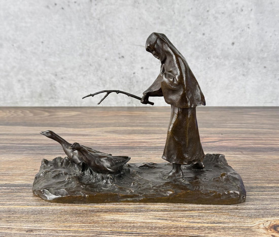 Heinz Muller Gansemagd Goose Maid Bronze: 10" by 7 1/4" by 4". Heinz Muller (1872 - 1937) was active/lived in Germany. Heinz Muller is known for Sculpture.