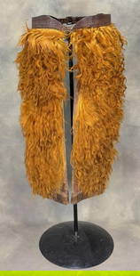 Frank Meanea Cheyenne Wyoming Orange Wooly Chaps: 36" long, belt tip to buckle tip is 42". Orange Woolies are very scarce, these being F.A. Meanea marked makes them tremendously scarce. Frank A. Meanea of Cheyenne, Wyoming: Born in 1849 near Lexingto