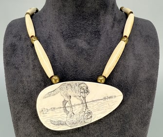 Alaskan Inuit Eskimo Scrimshaw Wolf Necklace