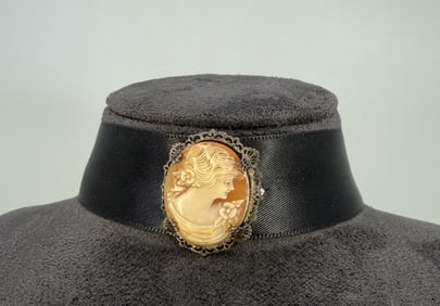 Victorian Shell Cameo Mourning Choker Necklace
