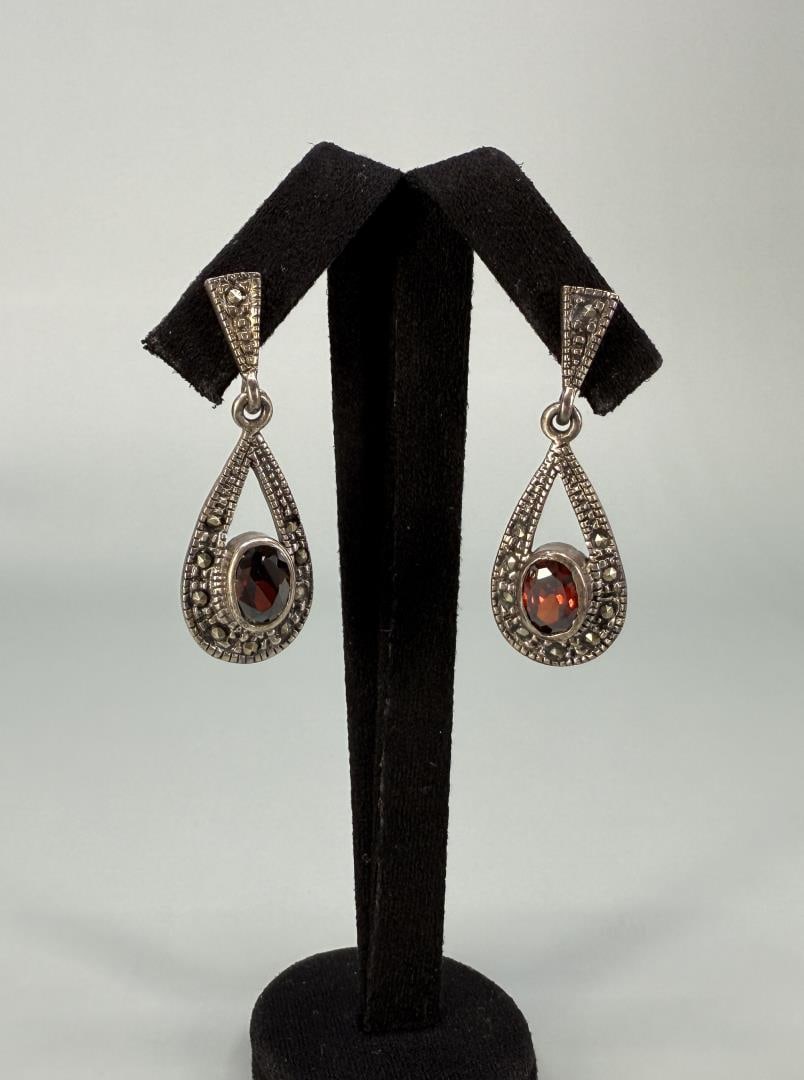 Sterling Silver Marcasite Garnet Earrings: 1 3/8" long.