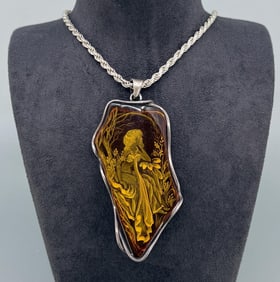 Sterling Silver Intaglio Carved Amber Necklace