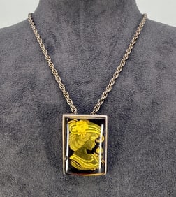 Sterling Silver Intaglio Carved Amber Necklace