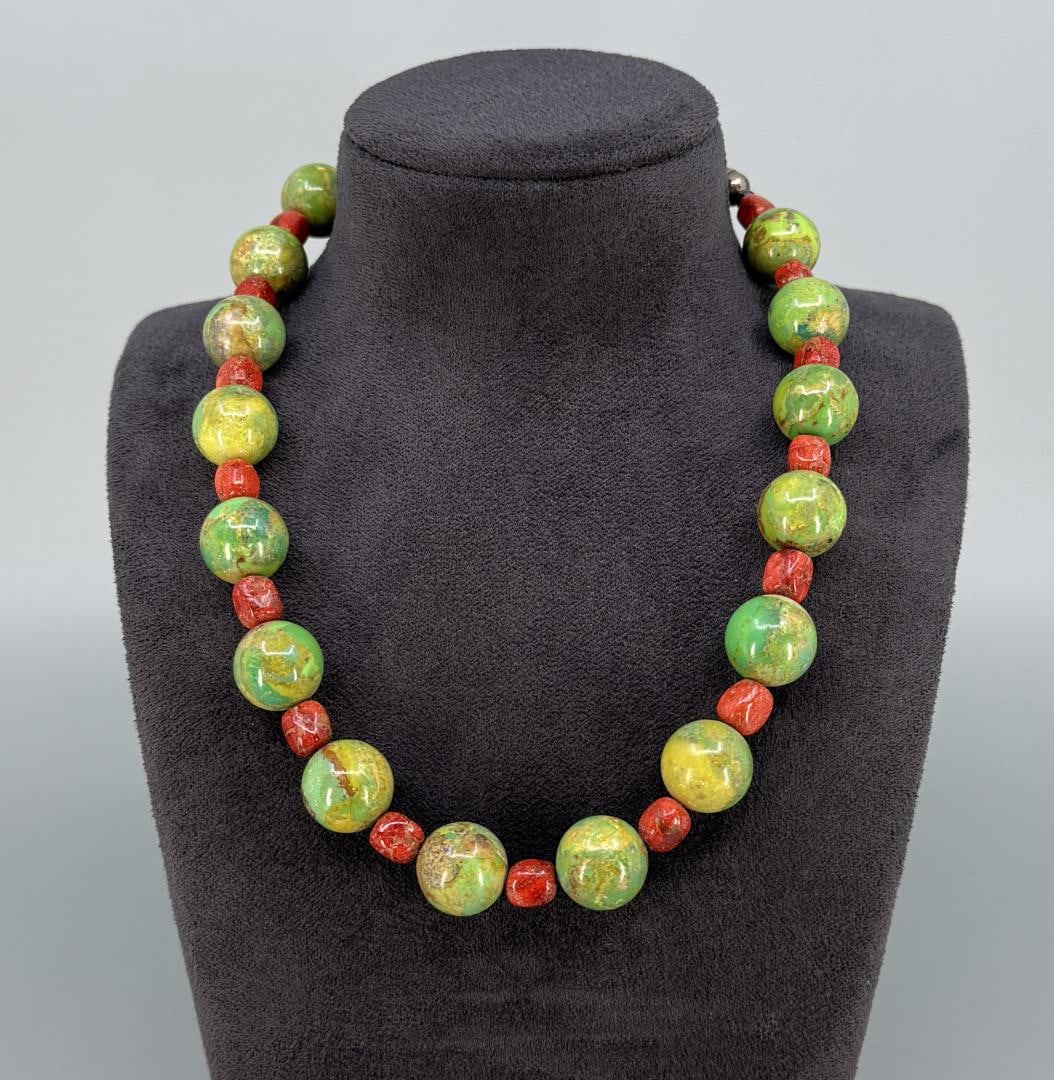 Navajo Gaspeite Coral Ball Necklace: 8" long closed.