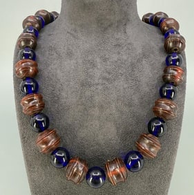 Carved Horn Bead Cobalt Glass Necklace