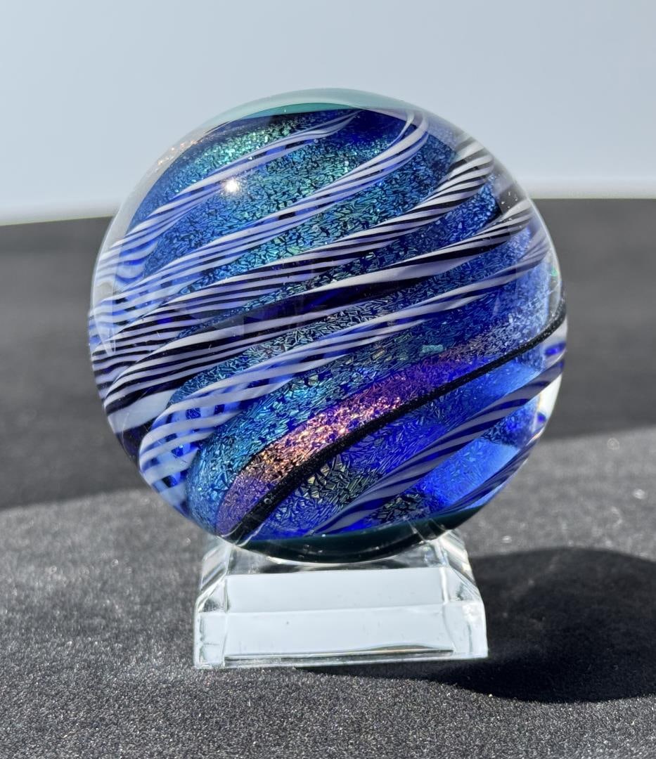 Ben Fox Spiral Corkscrew Dichroic Art Glass Marble: Measures 2 1/8" in diameter. Unsigned.