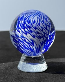 Sam Hogue White Core Blue Swirl Art Glass Marble
