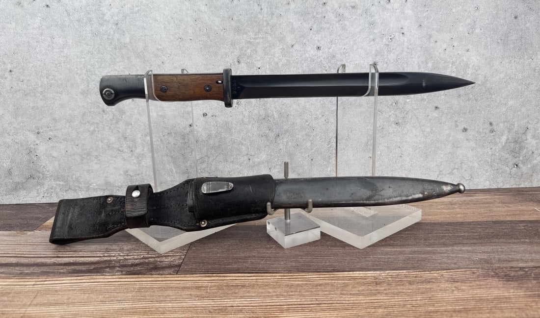 WW2 German K98 Mauser S/155K Bayonet: Nice example with scabbard and frog. Matching numbers. Made by Horster.