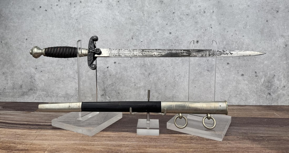 WW2 German Fire Service Dagger: WW1 fire service dagger fitted post WW2 with Third Reich Eagle guard. 18 1/8" long.