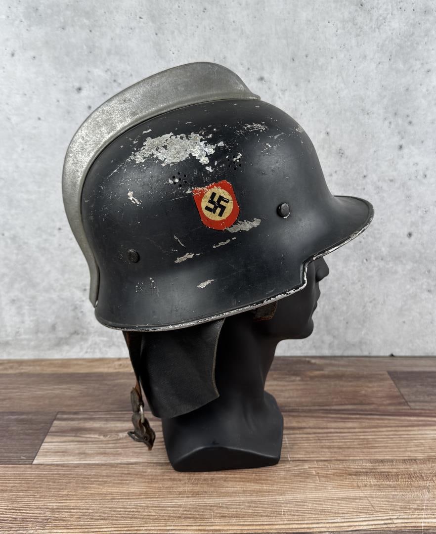 WW2 M34 German Double Decal Fire Police Helmet: Includes liner and leather neck protector.