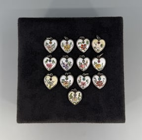 Guilloche Enamel Decorated Sterling Heart Charms