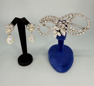 Rhinestone Costume Bow Brooch and Earrings