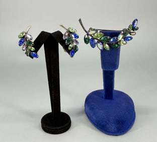Avon Rhinestone Leaf Brooch and Earrings