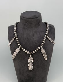 Navajo Sterling Pearls and Feathers Necklace