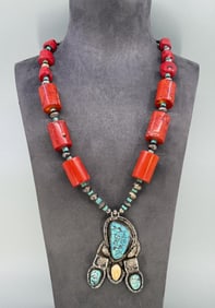 Navajo Chunky Sterling Turquoise Coral Necklace