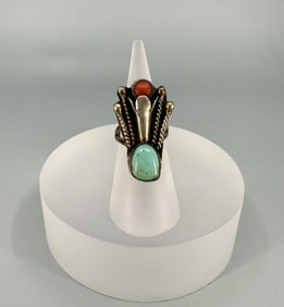 Navajo Sterling Turquoise Coral Bolo Ring