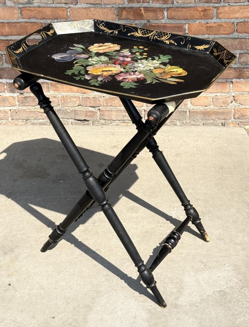 Antique Toleware Tray On Folding Stand: Tray measures 26 1/4" by 18 3/4". Stand is 29" tall.
