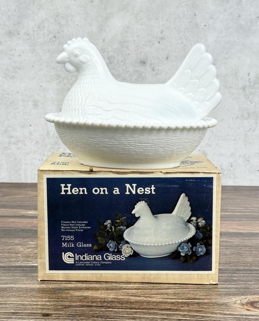 Indiana Glass Milk Glass Hen On A Nest Dish: Comes in original box. 6 7/8" long by 5 5/8" wide by 5" tall.