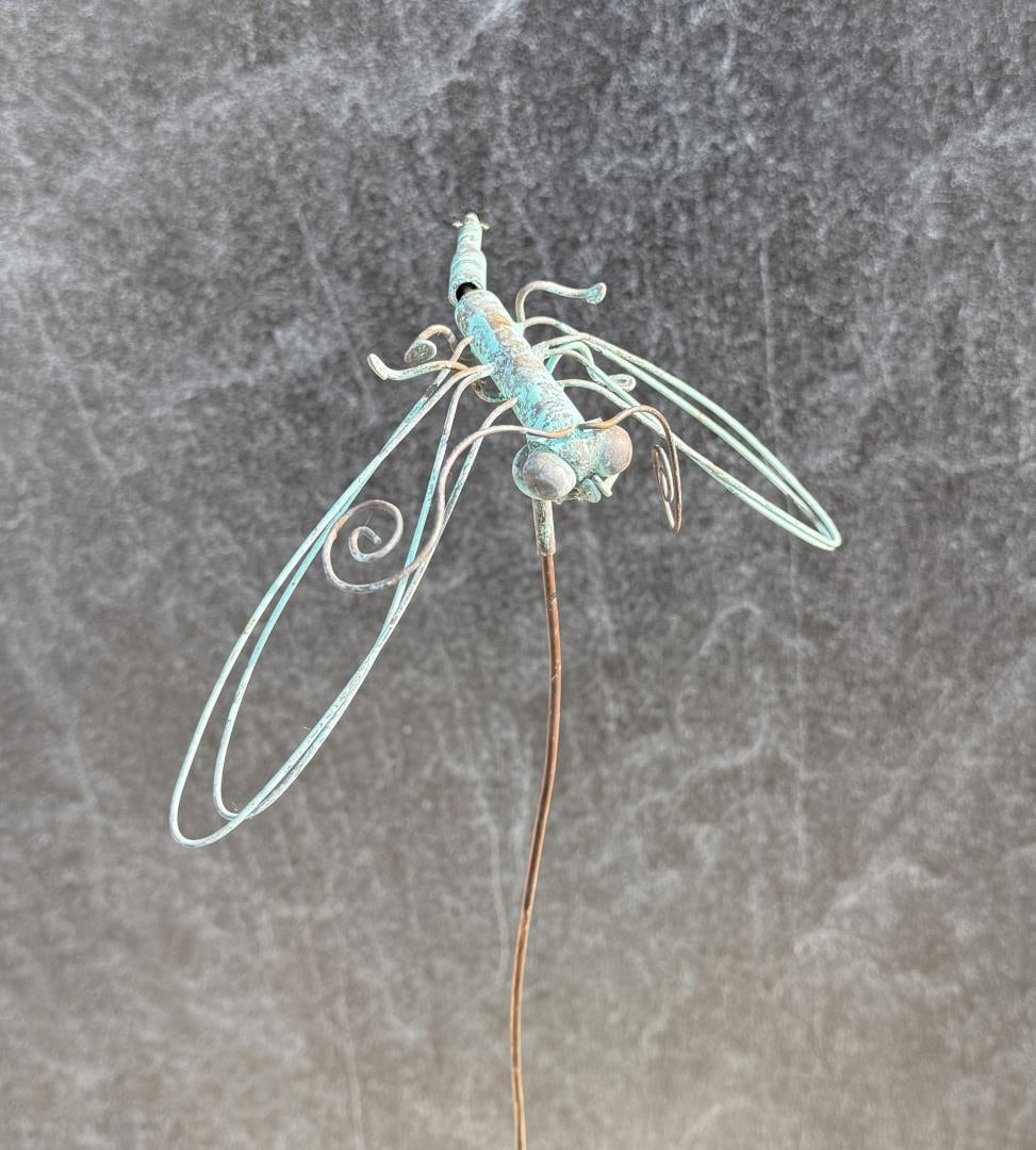 Mid Century Brutalist Metal Garden Dragonfly: 34 3/4" long on rod.