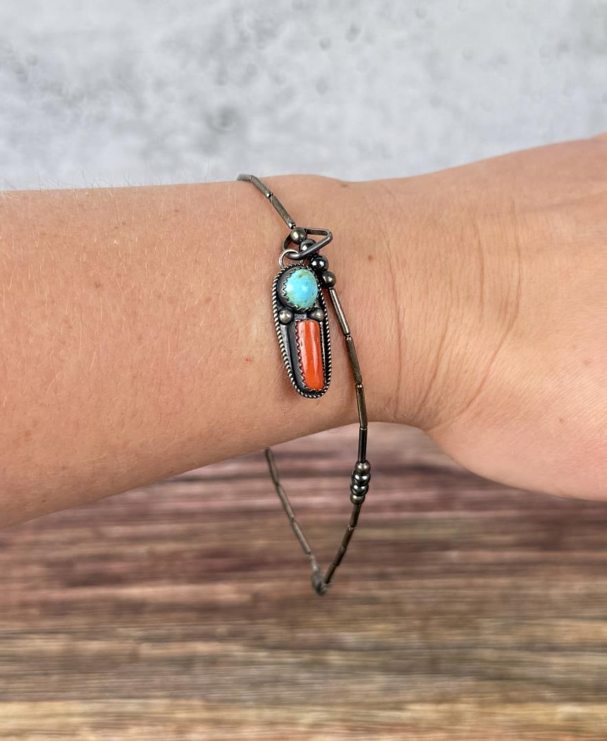 Navajo Sterling Turquoise Coral Anklet: 5" long closed.