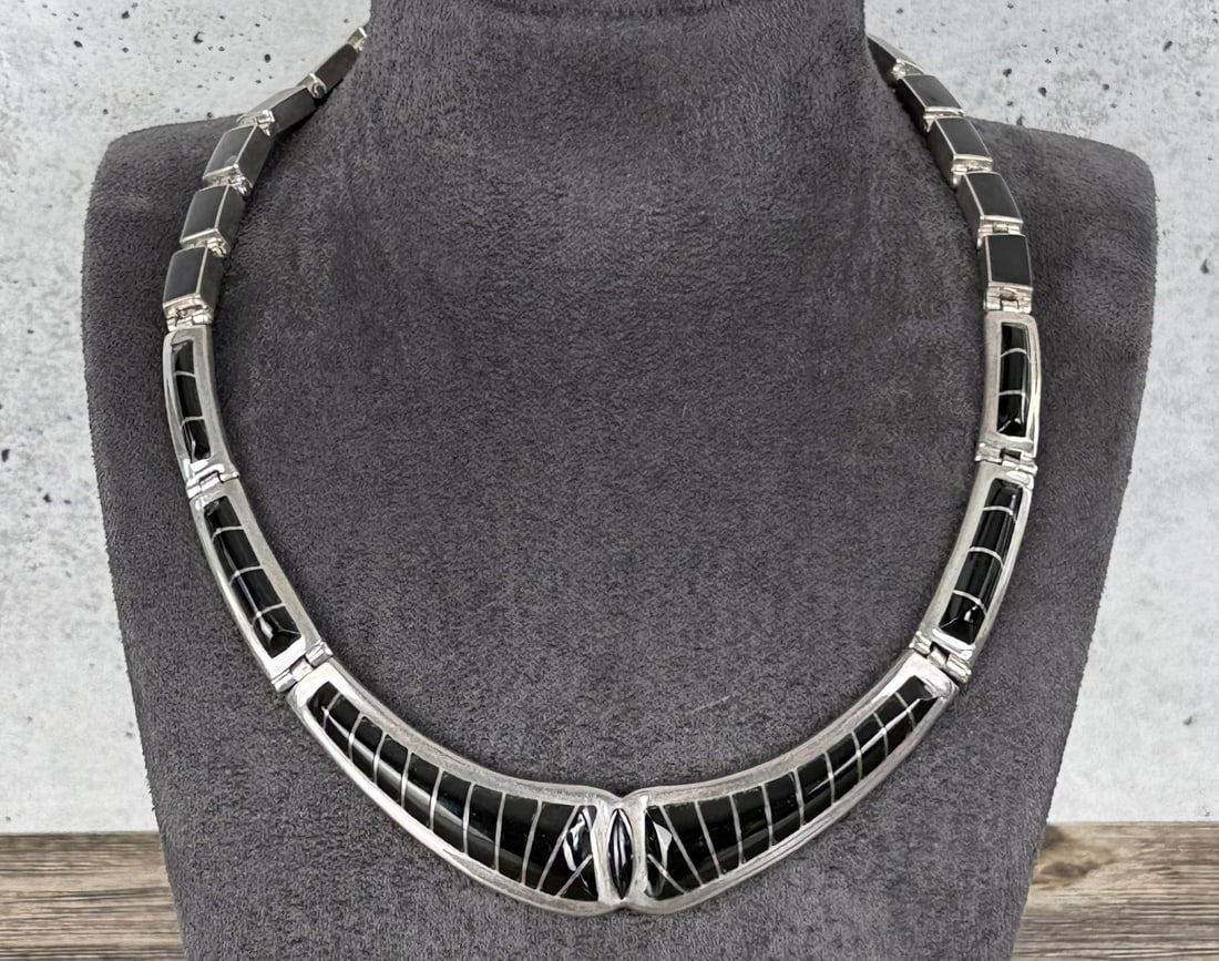 Taxco Mexico Onyx Inlaid Sterling Necklace: 5 3/4" long closed. 62.63 grams.