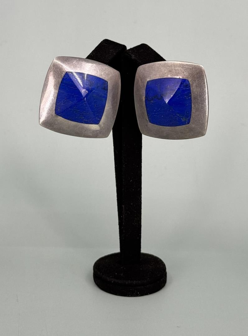 Taxco Mexico Sterling Silver Lapis Lazuli Earrings: 1 1/8" diameter. 19.35 grams.