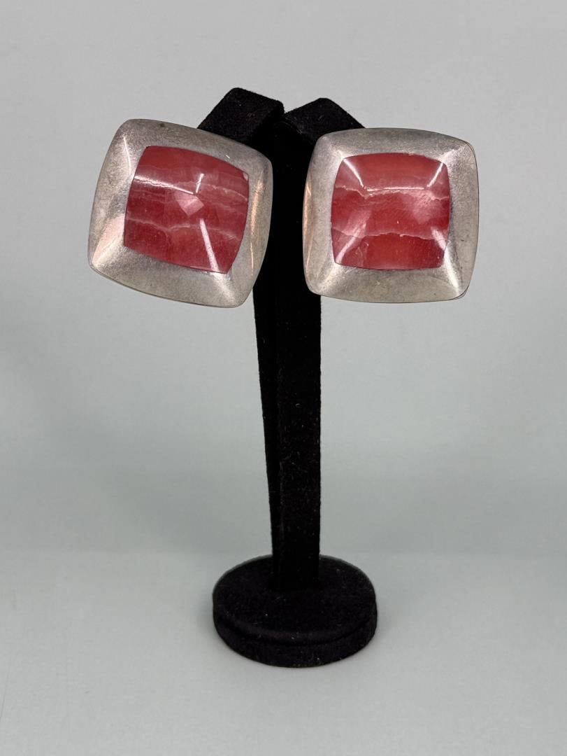Taxco Mexico Sterling Rhodochrosite Earrings: 1 1/4" diameter.