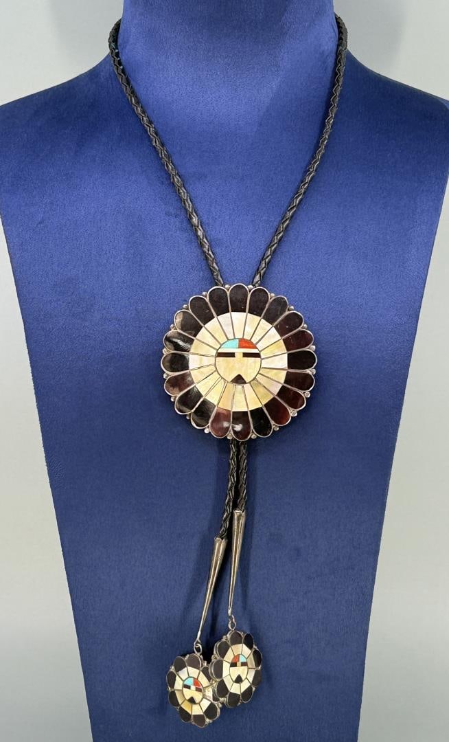Zuni Inlaid Sunface Sterling Silver Bolo Tie (1 of 4)