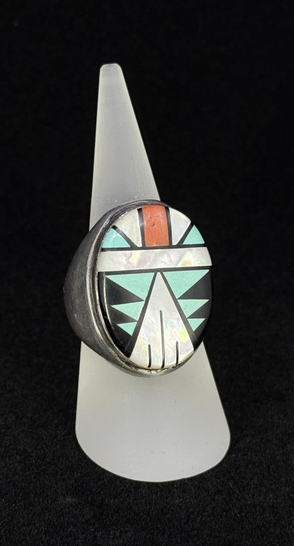 Zuni Inlaid Sterling Silver Mens Ring (1 of 4)