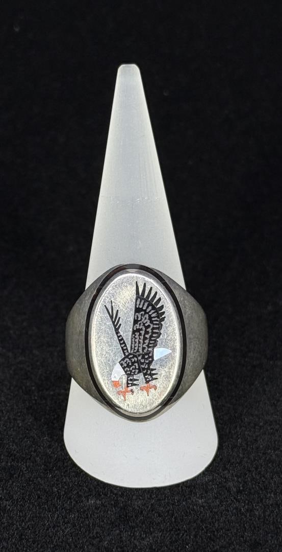 Zuni Inlaid Sterling Silver Eagle Mens Ring (1 of 5)