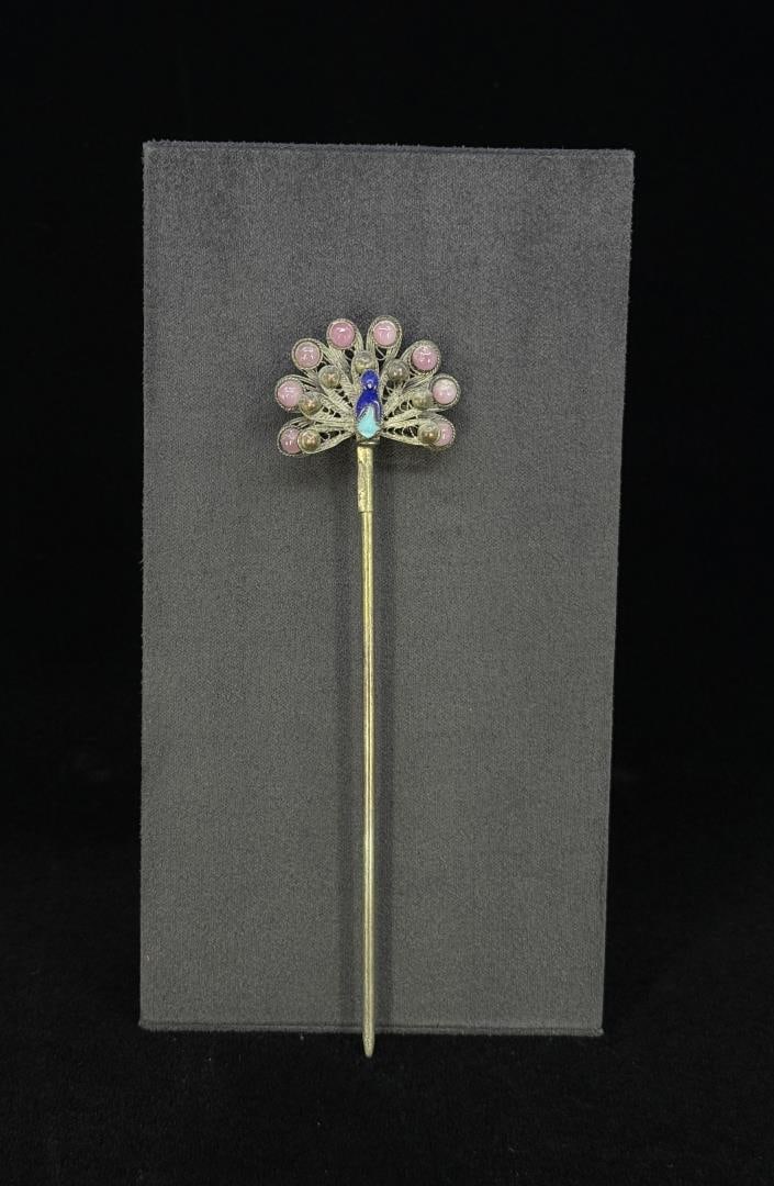 Antique Chinese Stone Inlaid Hair Hat Pin: 6" long.