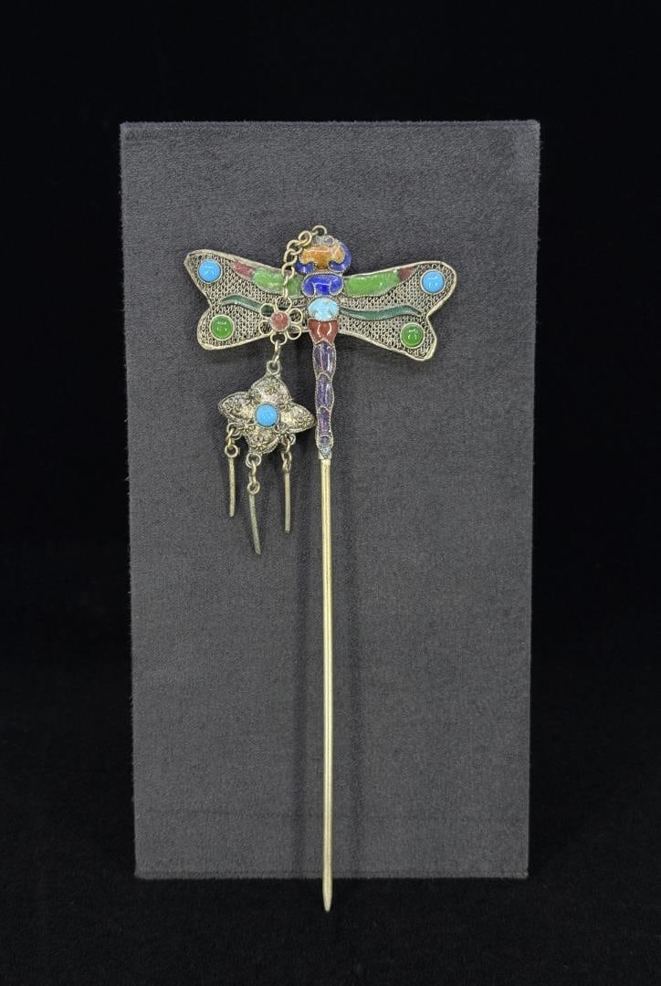 Antique Chinese Stone Inlaid Hair Hat Pin: 6 1/2" long.