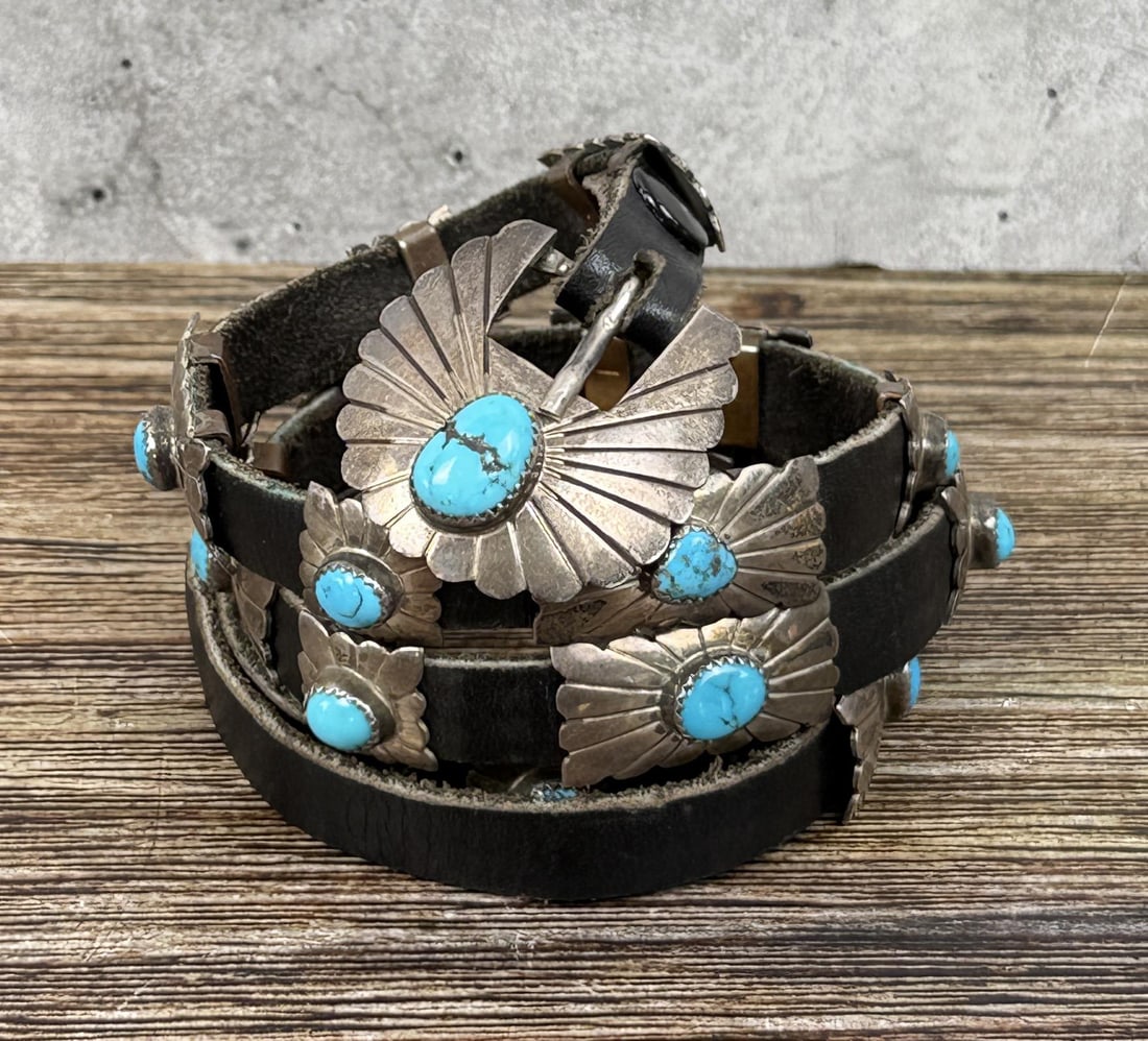 Navajo Sterling Silver Turquoise Concho Belt: 45 1/2" long belt to buckle tip. 108 grams total weight with leather.