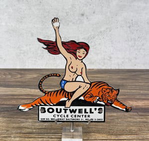 Porcelain Boutwells Cycle Center Naked Lady Sign