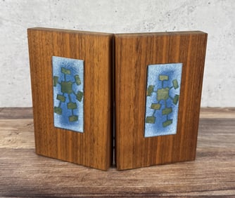 Mid Century Enamel on Copper Teak Bookends