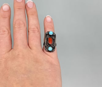 Navajo Sterling Silver Turquoise Coral Ring
