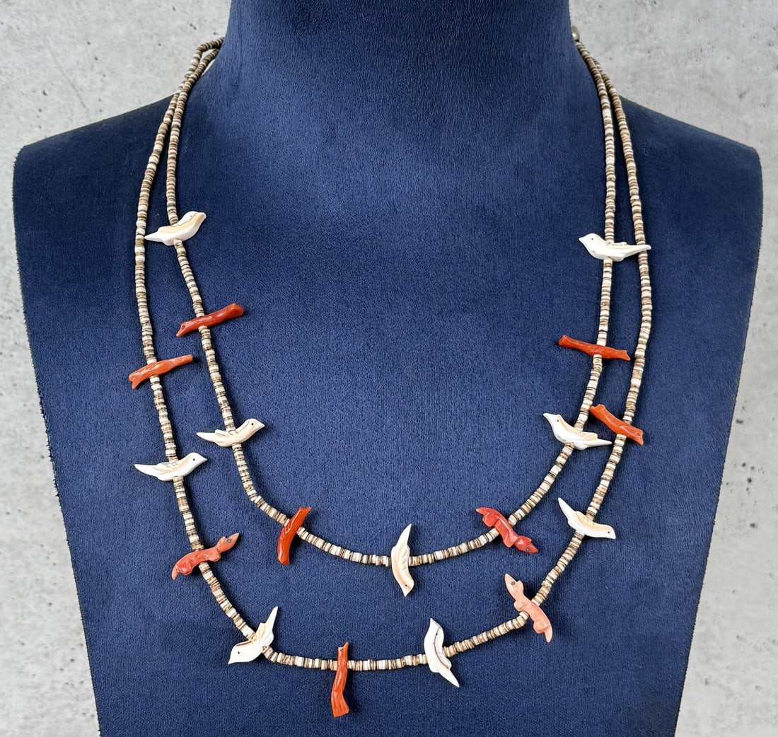 Zuni Heishi Bird Fetish Necklace: 12 3/8" closed.