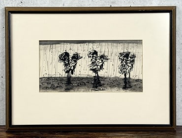 Walter Hook Walking in the Rain Pen Ink Drawing