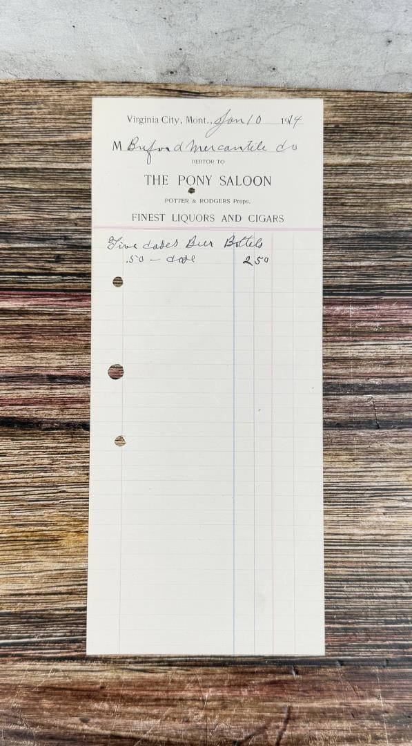 Virginia City Montana Pony Saloon Billhead: Bill for Five Cases of Beer